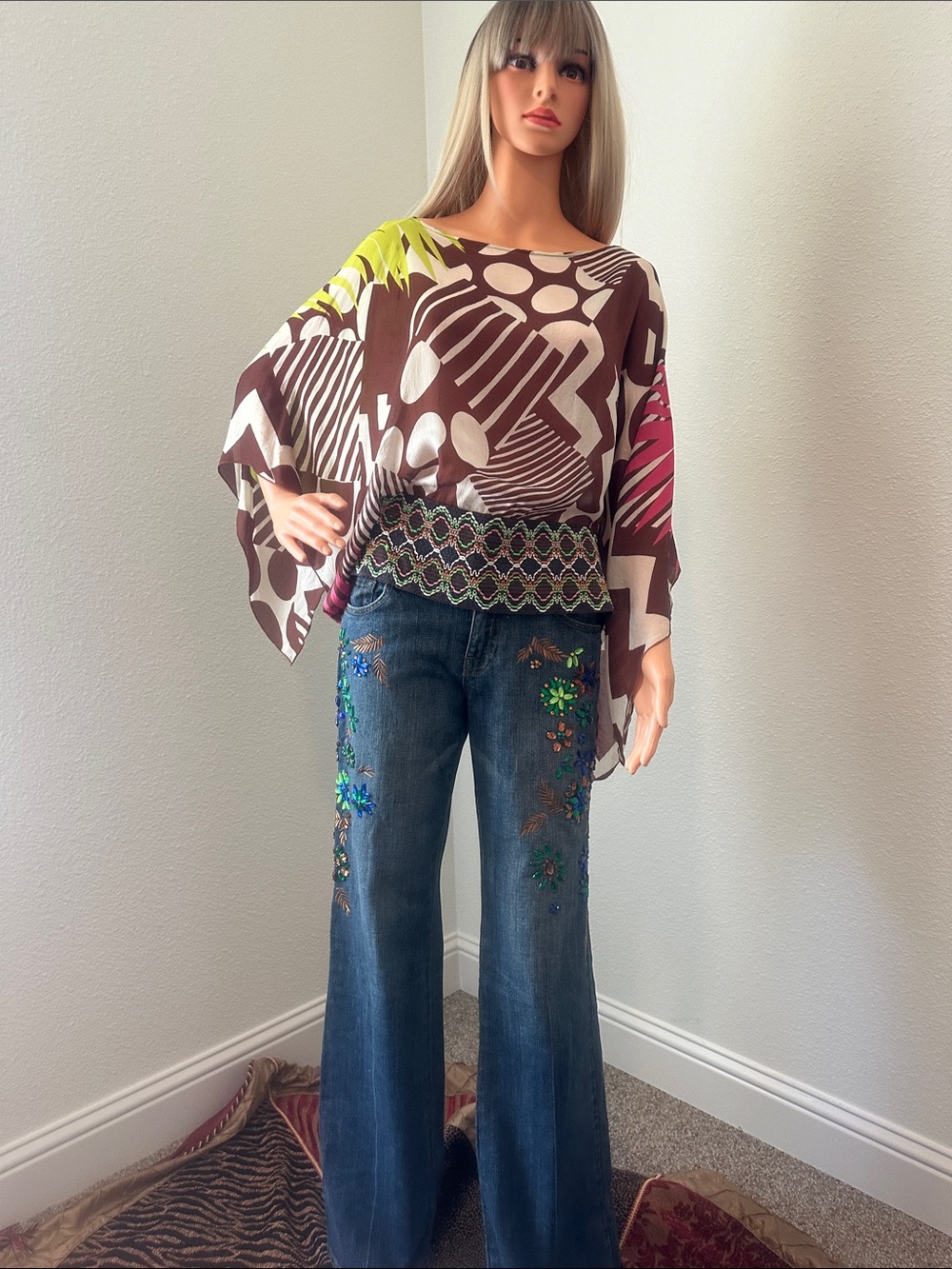 MISSONI Brown Abstract Batwing Top with Pink & Yellow Accents banded waist